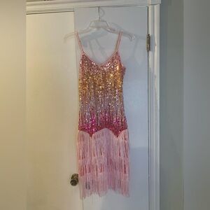 Pink with multi-colored sequin flapper-style fringe dress, size medium
